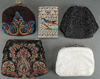 A FIVE PIECE GROUP OF BEADED BAGS AND ARTICLES