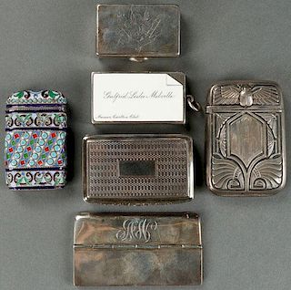 A GROUP OF SILVER AND ENAMELED CASES AND BOXES