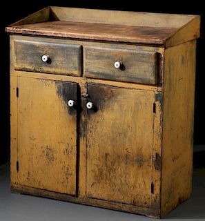A GOOD PRIMITIVE MUSTARD PAINTED KITCHEN CABINET