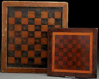 A PAIR OF PRIMITIVE WOOD CHECKERBOARDS, 19TH C