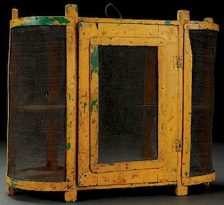 A 19TH CENTURY PRIMITIVE PAINTED PINE BIRD CAGE