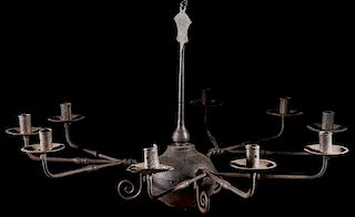 A FINE EARLY AMERICAN WROUGHT IRON CHANDELIER