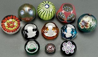 A GROUP OF 11 ART GLASS PAPER WEIGHTS