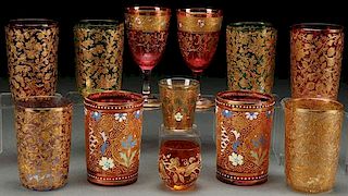 A 12 PIECE GROUP OF BOHEMAIN ENAMELED GLASS