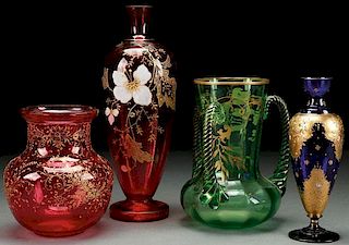 A FOUR PIECE GROUP OF BOHEMAIN ART GLASS