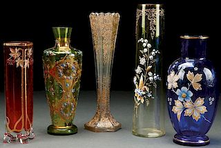 A FIVE PIECE GROUP OF BOHEMAIN ENAMELED ART GLASS