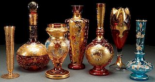 A SEVEN PIECE GROUP OF BOHEMIAN ENAMELED GLASS