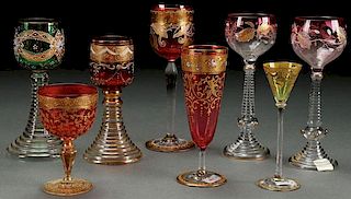 AN EIGHT PIECE GROUP OF BOHEMIAN ENAMELED GLASS