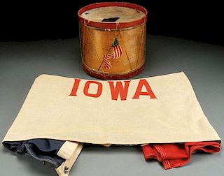 A  VINTAGE TOY DRUM AND IOWA STATE FLAG GROUP