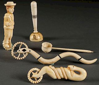 A FIVE PIECE GROUP OF WHALING THEME CARVED IVORY