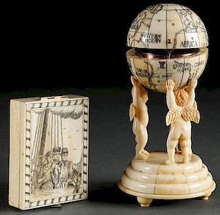 TWO SCRIMSHAW DECORATED CARVED BONE COMPASSES