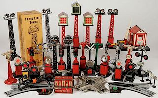 A LARGE GROUP OF MARX TOY TRAIN ACCESSORIES