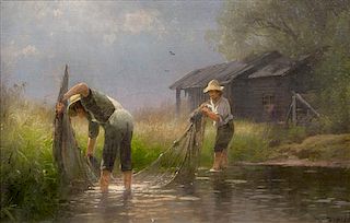 * Hermann Herzog, (American, 1832-1932), Fishing for Minnows