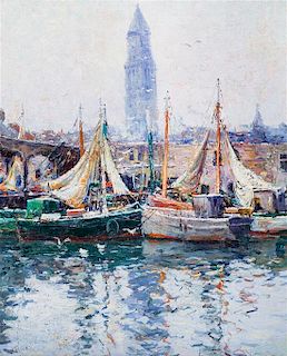 Anthony Thieme, (American, 1888-1954), T-Wharf with View of Custom House, Boston