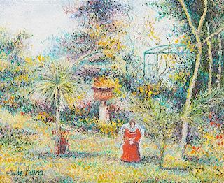 Hugues Claude Pissarro, (French, b. 1935), Katia en robe rouge au chateau de Marras