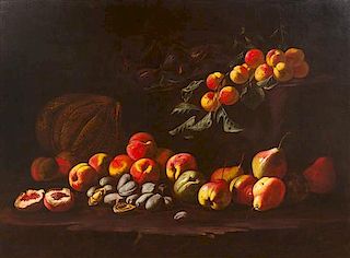 Anthony Oakshett, (British, b. 1955), Still Life of Peaches, Pears, Quince, Figs, Melon and Other Fruit, 1998/99