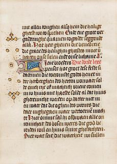 [ILLUMINATION]. LEAF FROM A BOOK OF HOURS, in German [ca 1450]. 2 sides: recto with 2-line initial in blue heightened in gold