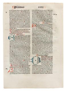 [ILLUMINATION]. CASSIDORUS, Magnus Aurelius. Expositio in Psalterium. [Basel: Johann Amerbach, 1491.] SINGLE LEAF, 4 initials