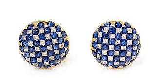 A Pair of 18 Karat Bicolor Gold, Sapphire and Diamond Earclips, 12.90 dwts.