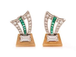 A Pair of Platinum, Rose Gold, Diamond and Emerald Earclips, 6.70 dwts.