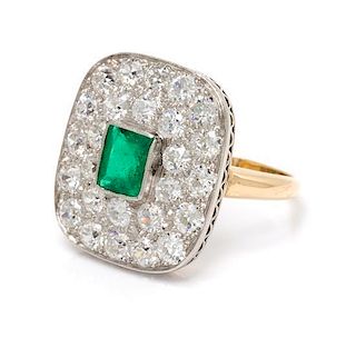 A Platinum Topped Yellow Gold, Emerald and Diamond Ring, 4.30 dwts.