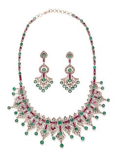 A Gilt Silver, Emerald, Ruby and Diamond Demi Parure, Indian, 51.40 dwts.
