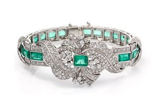 A Platinum, White Gold, Emerald and Diamond Bracelet, 22.90 dwts.