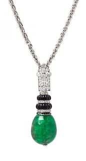 A Platinum, Emerald, Diamond, Onyx and Enamel Lavalier Necklace, 32.40 dwts.