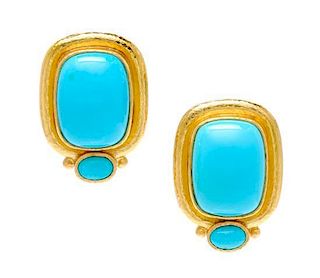 * A Pair 18 Karat Yellow Gold and Turquoise Earclips, Elizabeth Locke, 11.70 dwts.