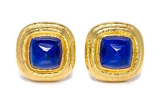 * A Pair of 19 Karat Yellow Gold and Lapis Lazuli Earclips, Elizabeth Locke, 11.10 dwts.