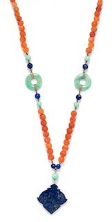 * A Vintage 14 Karat Yellow Gold, Lapis Lazuli, Amazonite and Carved Carnelian Bead Lavalier Necklace,