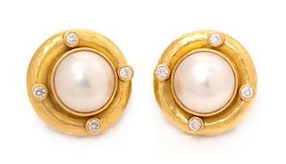* A Pair of 18 Karat Yellow Gold, Diamond and Mabe Pearl Earclips, Elizabeth Locke, 12.10 dwts.