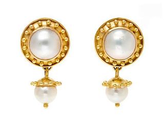 * A Pair of 18 Karat Yellow Gold, Cultured Pearl and Mabe Pearl Drop Earclips, Elizabeth Locke, 11.20 dwts.