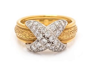 An 18 Karat Yellow Gold, Platinum and Diamond 'X' Ring, Schlumberger Studios for Tiffany & Co., 7.60 dwts.