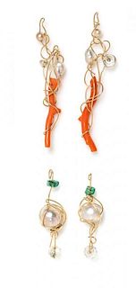 A Collection of Yellow Gold Wire Wrapped Multigem Earring Pendants, Kazuko Oshima, 2.10 dwts.