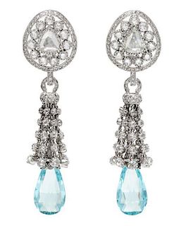 A Pair of White Gold, Diamond and Aquamarine Tassel Earclips, 20.50 dwts.