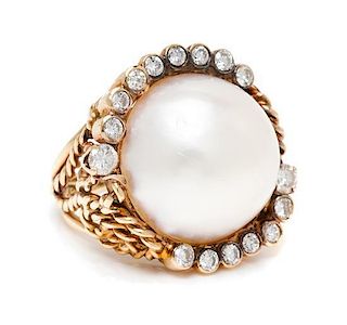 A Yellow Gold, Cultured Mabe Pearl and Diamond Ring, 11.30 dwts.