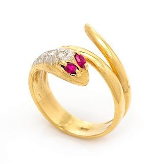 A Yellow Gold, Ruby and Diamond Snake Motif Ring, 3.80 dwts.