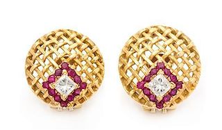 * A Pair of 18 Karat Yellow Gold, Diamond and Ruby Earclips, 8.50 dwts.