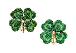 * A Pair of 14 Karat Yellow Gold and Polychrome Enamel Four Leaf Clover Earrings, 4.10 dwts.