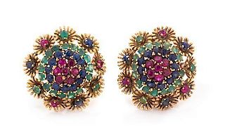 A Pair of 14 Karat Yellow Gold, Ruby, Sapphire, and Dyed Green Chalcedony Cluster Earclips, 10.20 dwts.