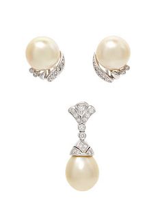 A Collection of White Gold, Cultured Pearl and Diamond Jewelry, 7.50 dwts.