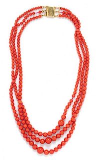 An 18 Karat Yellow Gold Graduated Multistrand Coral Necklace, Italian, 51.60 dwts.