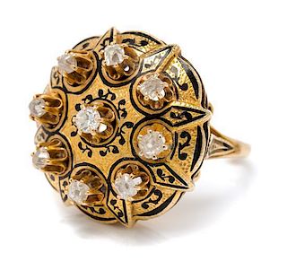 A Victorian Yellow Gold, Diamond and Enamel Cluster Ring, 10.30 dwts.