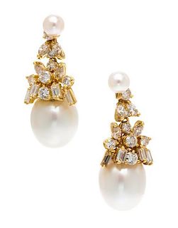 A Pair of Yellow Gold, Cultured Pearl and Diamond Earrings, 10.20 dwts.