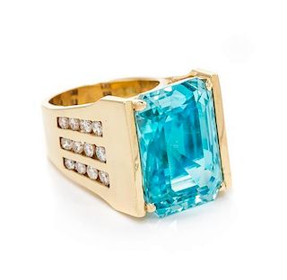 A 14 Karat Yellow Gold, Aquamarine and Diamond Ring,