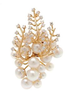 A Yellow Gold, Cultured Baroque Pearl and Diamond Grape Cluster Motif Brooch, 20.80 dwts.