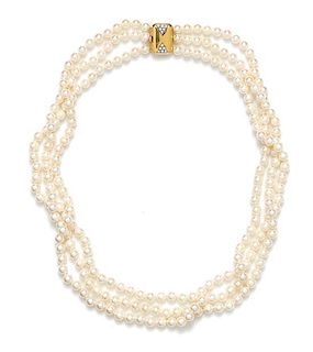 An 18 Karat Yellow Gold, Diamond and Multistrand Cultured Pearl Necklace, Chaumet, 33.80 dwts.