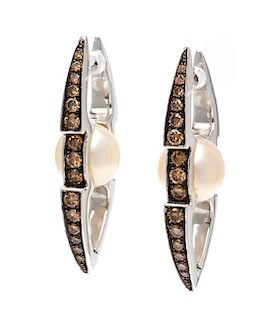 A Pair of 18 Karat White Gold, Colored Diamond, Tsavorite Garnet, and Cultured Pearl Hoop Earrings, Stephen Webster, 8.90 dwt