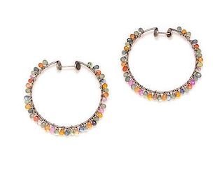 A Pair of 18 Karat White Gold and Multicolored Sapphire Bead Hoop Earrings, 8.60 dwts.
